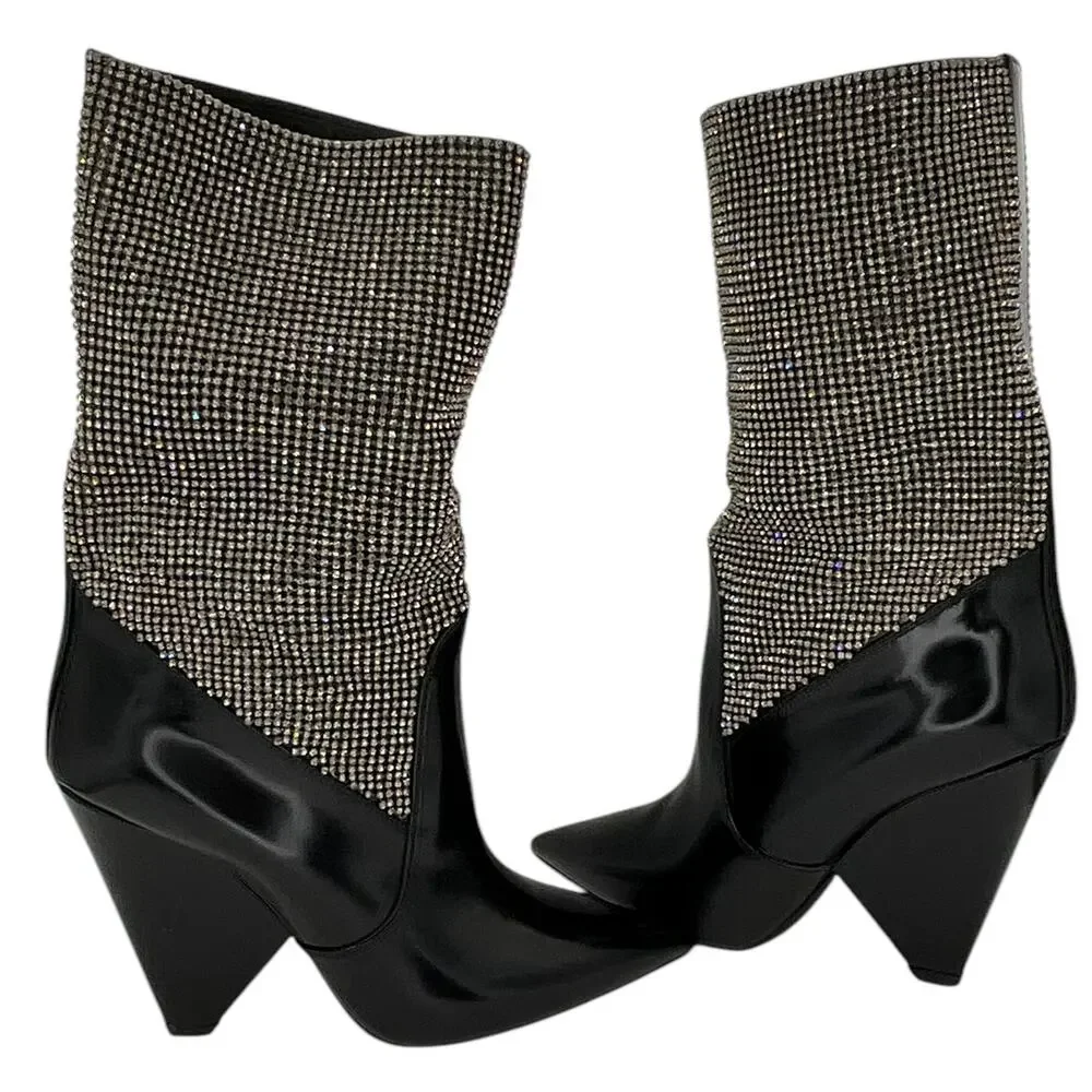 Saint Laurent Jazz Calf Swarovski Crystal Embellished Niki 105 Ankle Boots 39.5